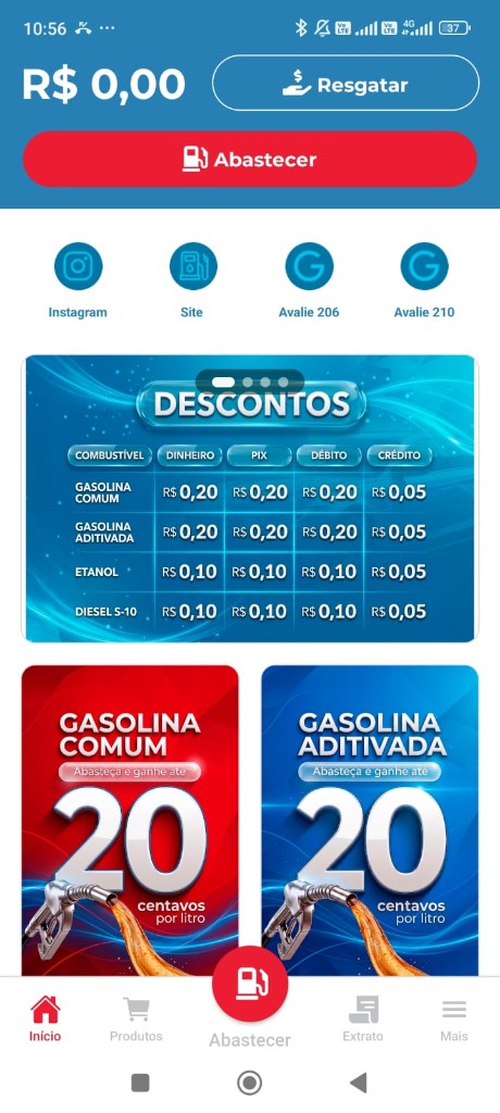 Tela inicial do app com saldo e descontos